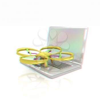 Drone and laptop. 3D render. Anaglyph. View with red/cyan glasses to see in 3D.