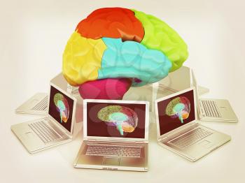 Computers connected to central brain. 3d render