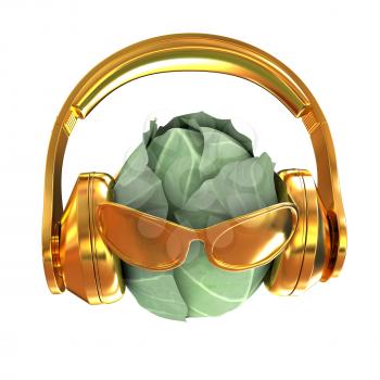 Green cabbage with sun glass and headphones front face on a white background. 3d illustration