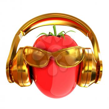 tomato with sun glass and headphones front face on a white background. 3D illustration
