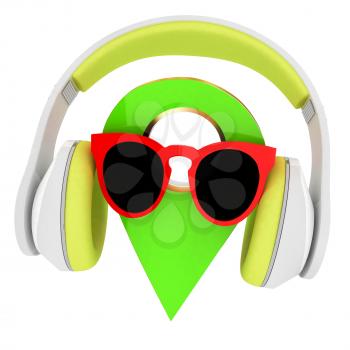 Glamour map pointer in sunglasses and headphones. 3d illustration