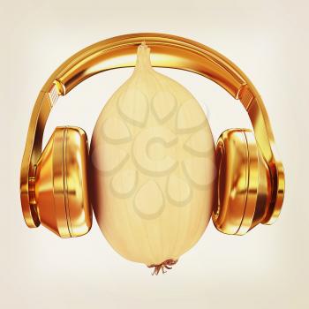 Ripe onion with gold headphones front face on a white background. The film strip.. Vintage style