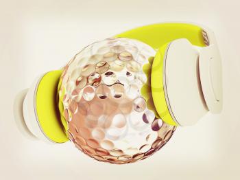 Metal Golf Ball With headphones. 3d illustration. Vintage style