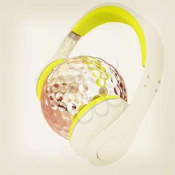 Metal Golf Ball With headphones. 3d illustration. Vintage style