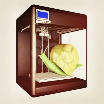 3d printer during work on the snail. High bio-technology concept of the future. 3d illustration. Vintage style