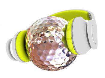 Metal Golf Ball With headphones. 3d illustration