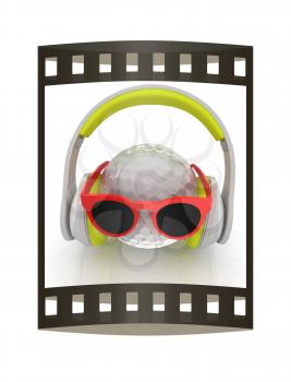 Golf Ball With Sunglasses and headphones. 3d illustration. The film strip.