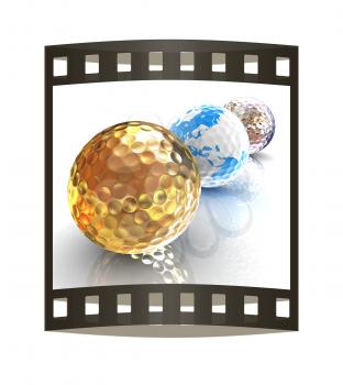 Global golf winner concept with golf balls. 3d illustration. The film strip.