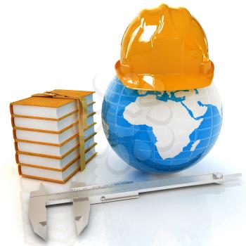 Earth in hard hat, calipers and books. 3d render