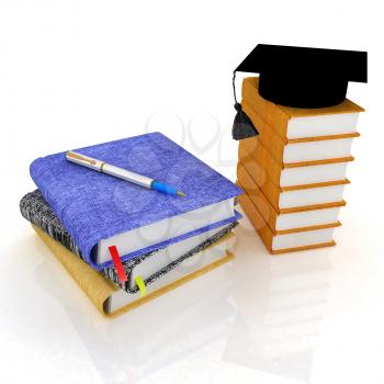 Education concept with leather books, notebooks and graduation hat from above. 3d render