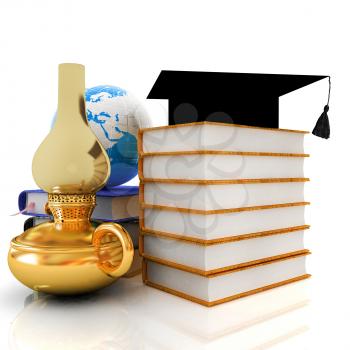 Learning concept with retro kerosene lamp, graduation hat, leather books and Earth. 3d render