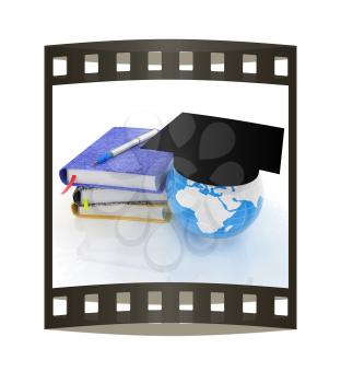 Notepads, pen and Earth in graduation hat. 3d render. Film strip.