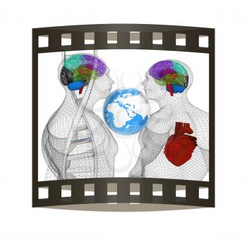 3D medical background with DNA strands and wire human body model with heart and brain in x-ray. Global medical concept with Earth. 3d render. Film strip.