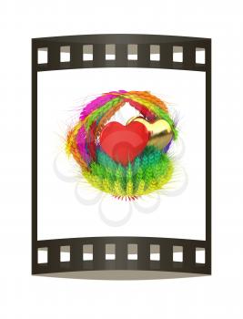 Heart in colored basket of the ears of wheat. Wedding concept. 3d render. Film strip.