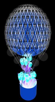 Hot Golden Air Balloon and tulips in a gold basket. 3d render. On a black background.