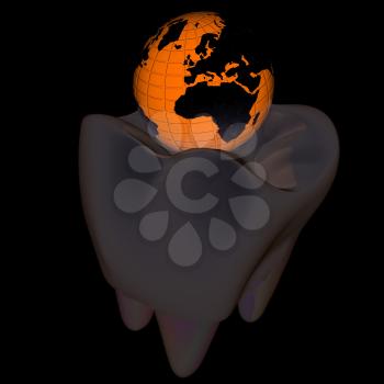 Tooth and Earth. 3d illustration. On a black background.