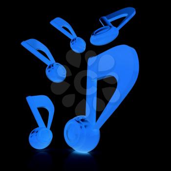 Yellow music notes. 3d render. On a black background.