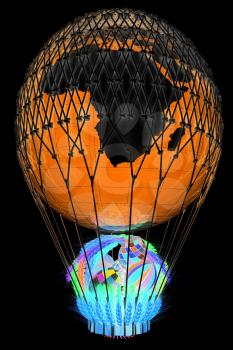 Hot Air Balloon of Earth with a basket of multicolored wheat and Easter eggs inside. 3d render. On a black background.