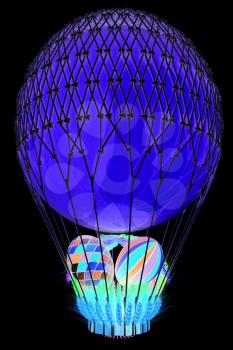 Hot Air Balloon with a basket of multicolored wheat and Easter eggs inside. 3d render. On a black background.