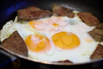 Image of fried eggs and meat for breakfast