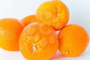 Photo of appetizing ripe oranges on white background