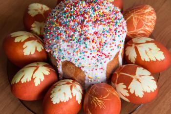 Photo of background with Easter eggs and Kulich