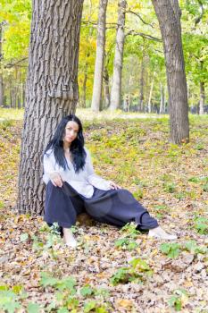 European brunette sitting in autumn park under tree