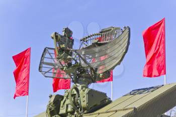 Radar of military machine at the exhibition under open sky