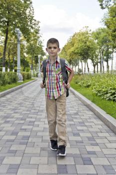 Cute brunette boy eleven years old walking in summer