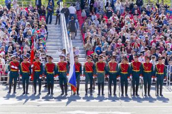 Samara, Russia - May 9, 2016: Russian ceremony of opening military parade on annual Victory Day