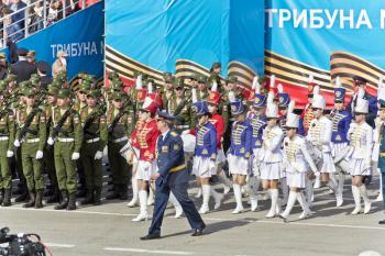 Samara, Russia - May 9, 2017: Russian military women orchestra march at the parade on annual Victory Day