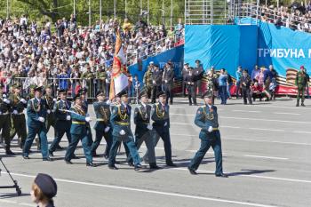 Samara, Russia - May 9, 2017: Russian soldiers march at the parade on annual Victory Day
