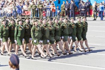 Samara, Russia - May 9, 2017: Russian military women are marching at the parade on annual Victory Day