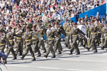 Samara, Russia - May 9, 2017: Russian military orchestra march at the parade on annual Victory Day
