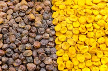 Background from colored oriental dry fruits in marketplace