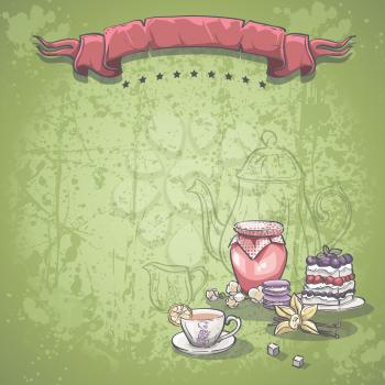 Royalty Free Clipart Image of a Background With Tea, Jame, Desserts and a Vanilla Flower