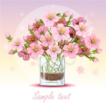 Royalty Free Clipart Image of a Bouquet of Cherry Blossoms in a Glass