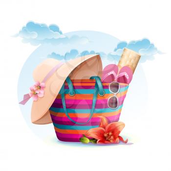 Royalty Free Clipart Image of a Beach Bag and Accessories