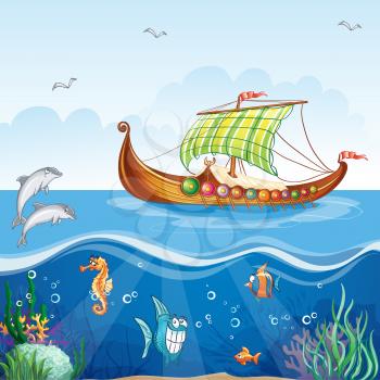 Royalty Free Clipart Image of a Ship and Underwater Life