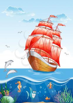 Royalty Free Clipart Image of a Ship and the Animal Underwater
