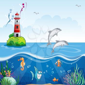 Royalty Free Clipart Image of Underwater Life and Dolphins Jumping Near a Lighthouse