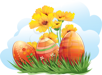Royalty Free Clipart Image of Easter Eggs and Flowers