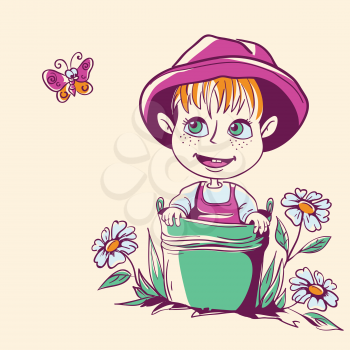 Royalty Free Clipart Image of a Little Girl in a Pail Looking at a Butterfly