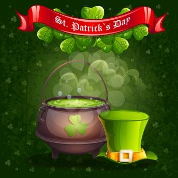 Royalty Free Clipart Image of a Pot of Something Green and a Hat on a St. Patrick's Day Background