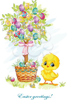 Royalty Free Clipart Image of a Chick With an Easter Egg Tree