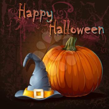Royalty Free Clipart Image of a Halloween Greeting With a Pumpkin and a Witch's Hat