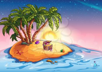 Royalty Free Clipart Image of a Desert Island With a Treasure Chest