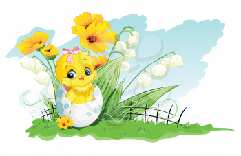 Royalty Free Clipart Image of a Chick in an Easter Egg in a Garden