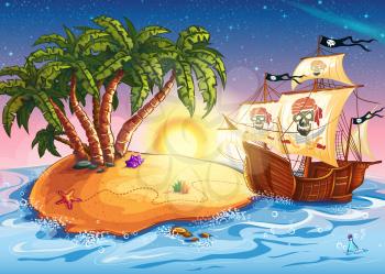 Royalty Free Clipart Image of a Pirate Ship at a Desert Island