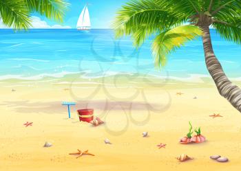 Royalty Free Clipart Image of a Beach Scene With Toys and a Sailboat